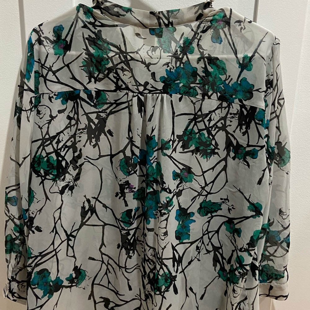 Loft sheer button up blouse with tie neck and 3/4 sleeves